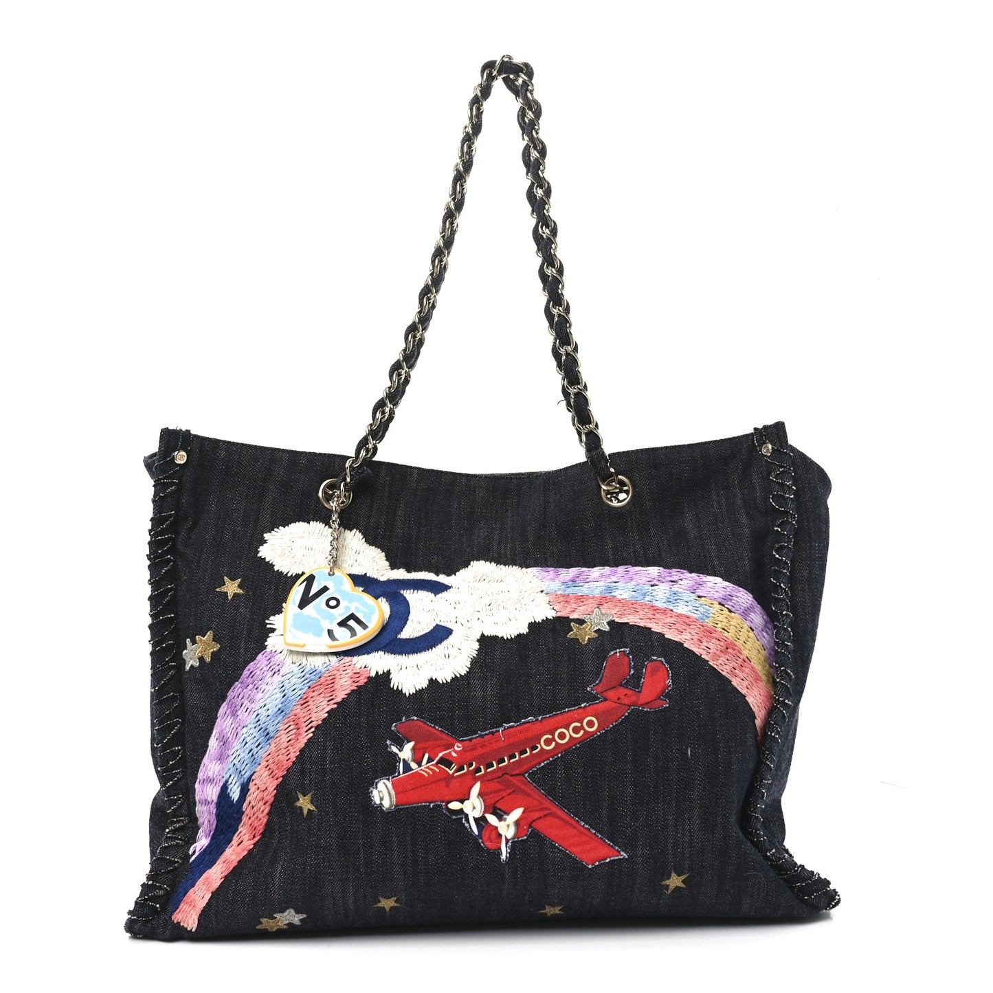 Denim Embroidered Night Flight Tote Blue