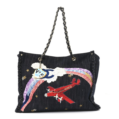 Chanel Denim Embroidered Night Flight Tote Blue 1 of 12