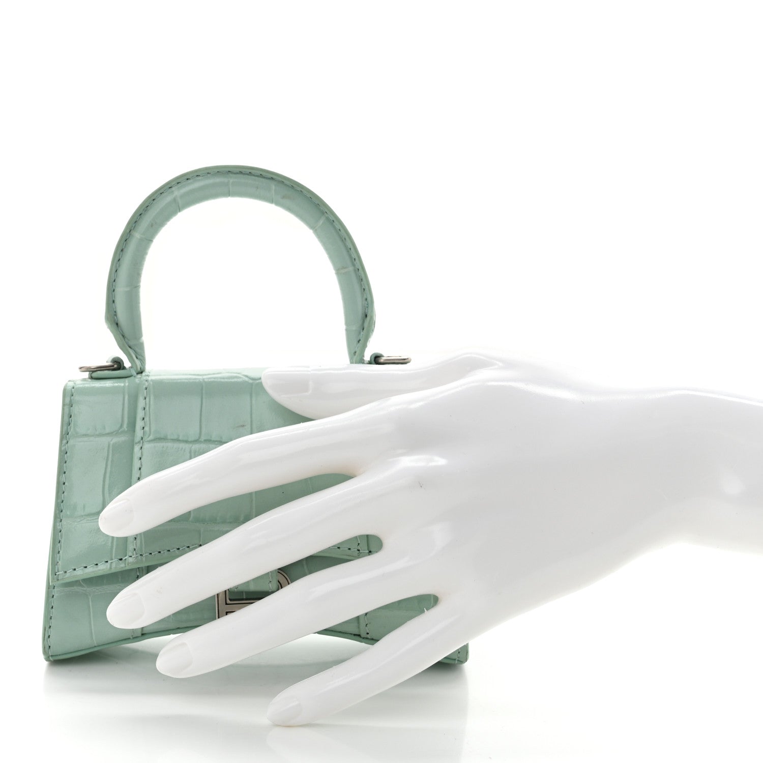 Balenciaga Shiny Calfskin Crocodile Embossed Hourglass Top Handle Bag Mini with Chain Green Acqua 2 of 11