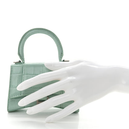 Balenciaga Shiny Calfskin Crocodile Embossed Hourglass Top Handle Bag Mini with Chain Green Acqua 2 of 11