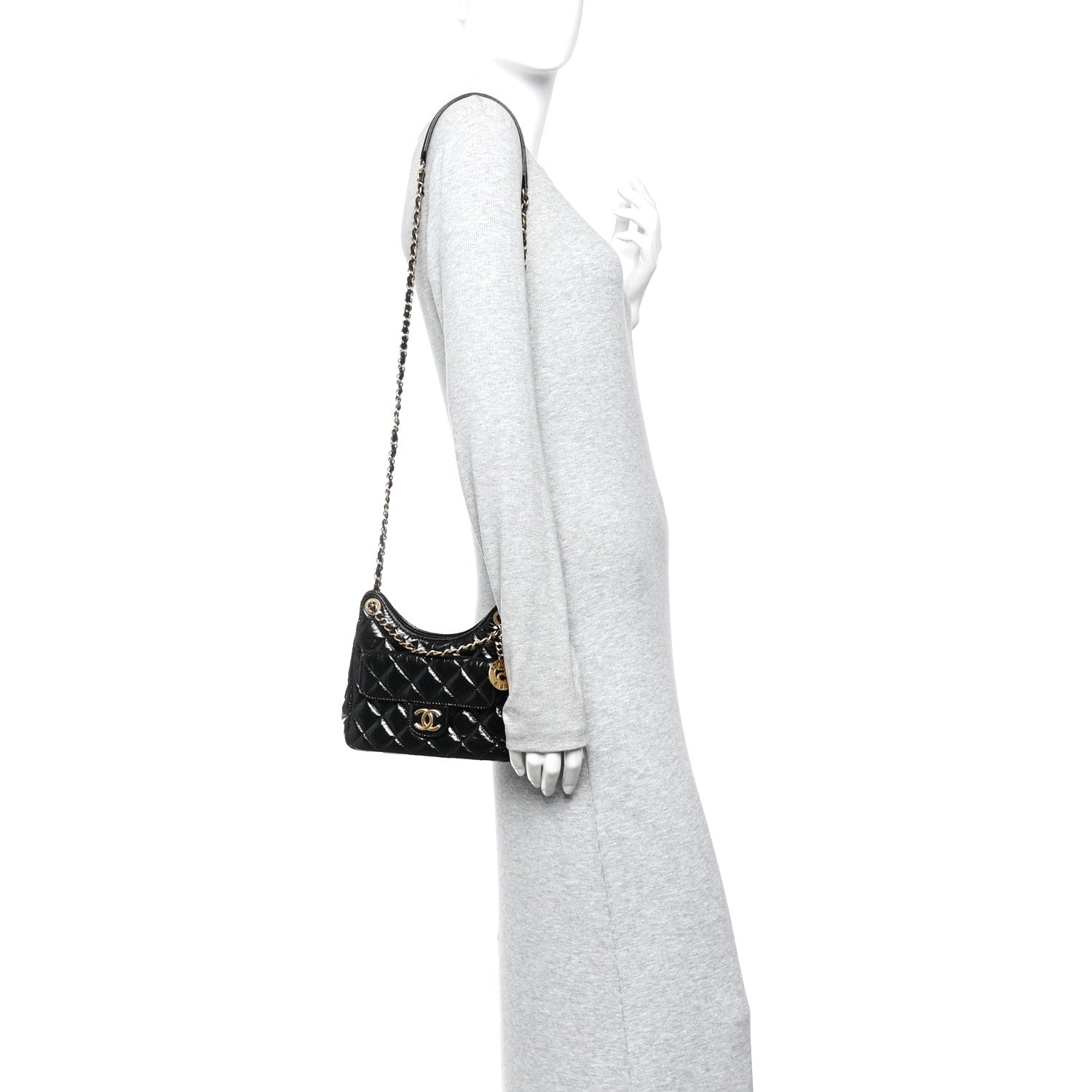 Chanel Shiny Crumpled Calfskin Quilted Small Wavy CC Hobo Black 2 of 11