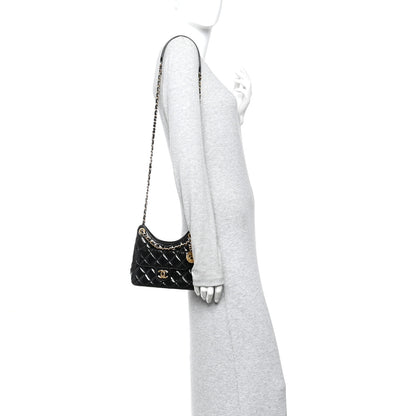 Chanel Shiny Crumpled Calfskin Quilted Small Wavy CC Hobo Black 2 of 11
