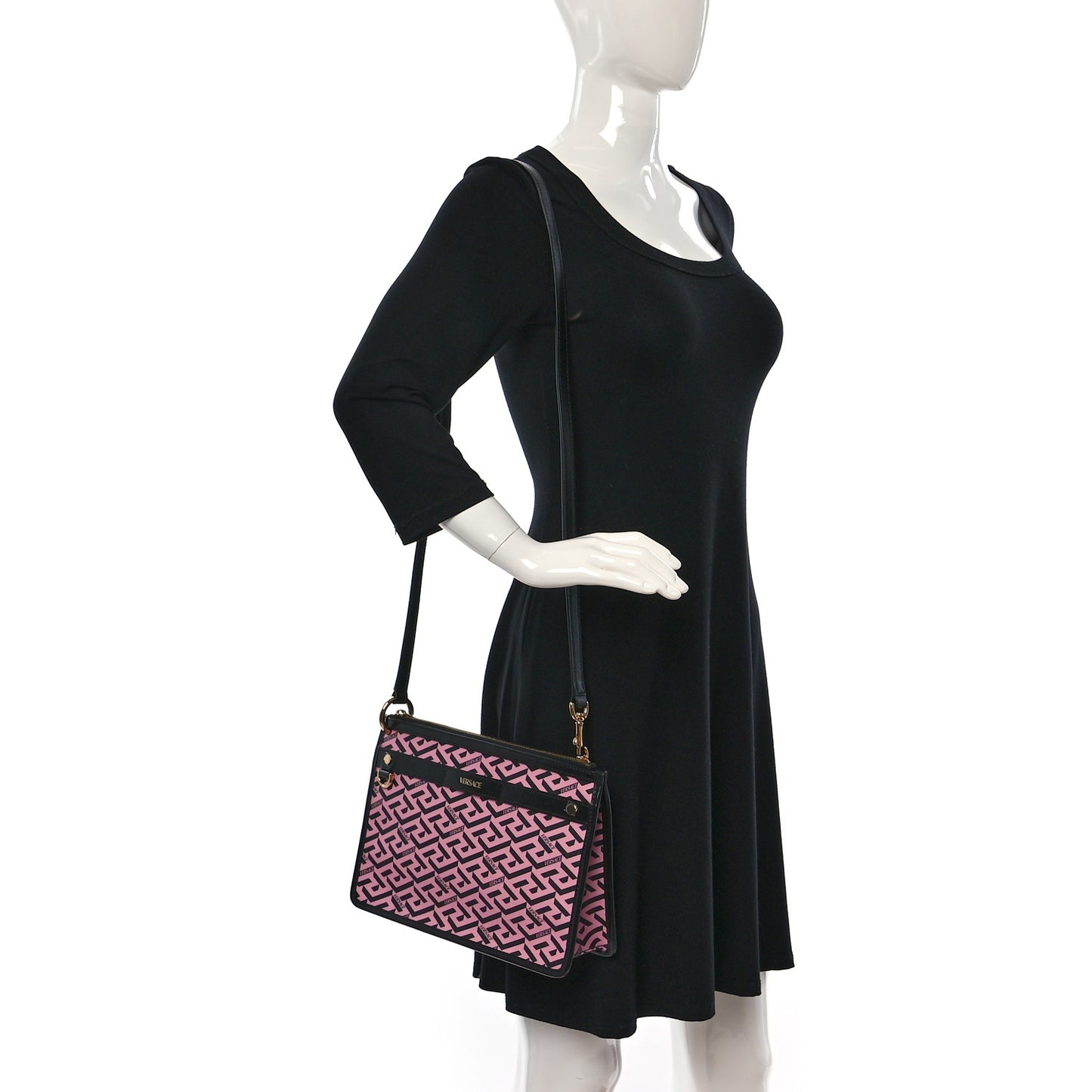 Coated Canvas Large La Greca Signature Pouch Black Pink