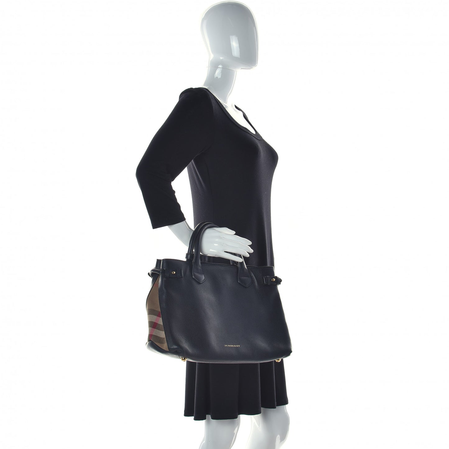 Grainy Calfskin House Check Medium Banner Tote Black