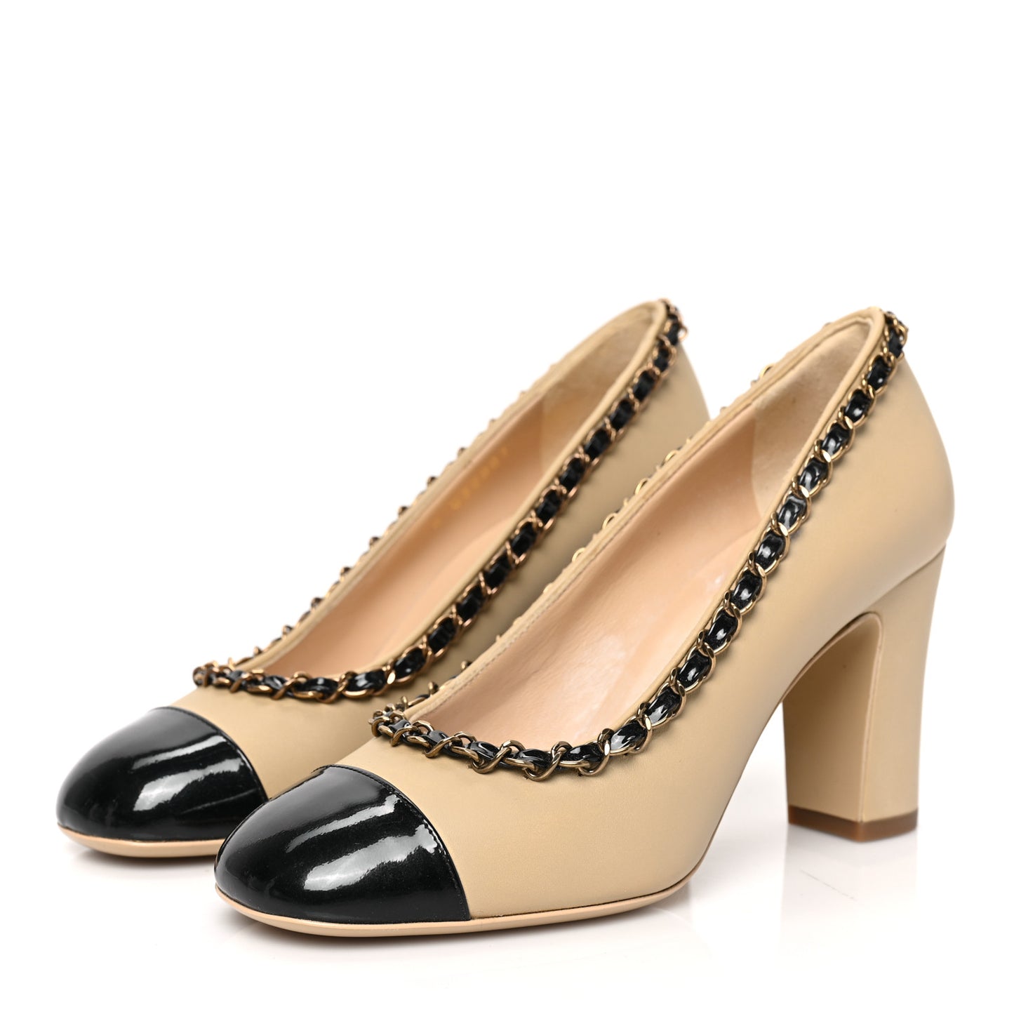 Calfskin Patent Calfskin Chain Cap Toe Pumps 35 Beige Black