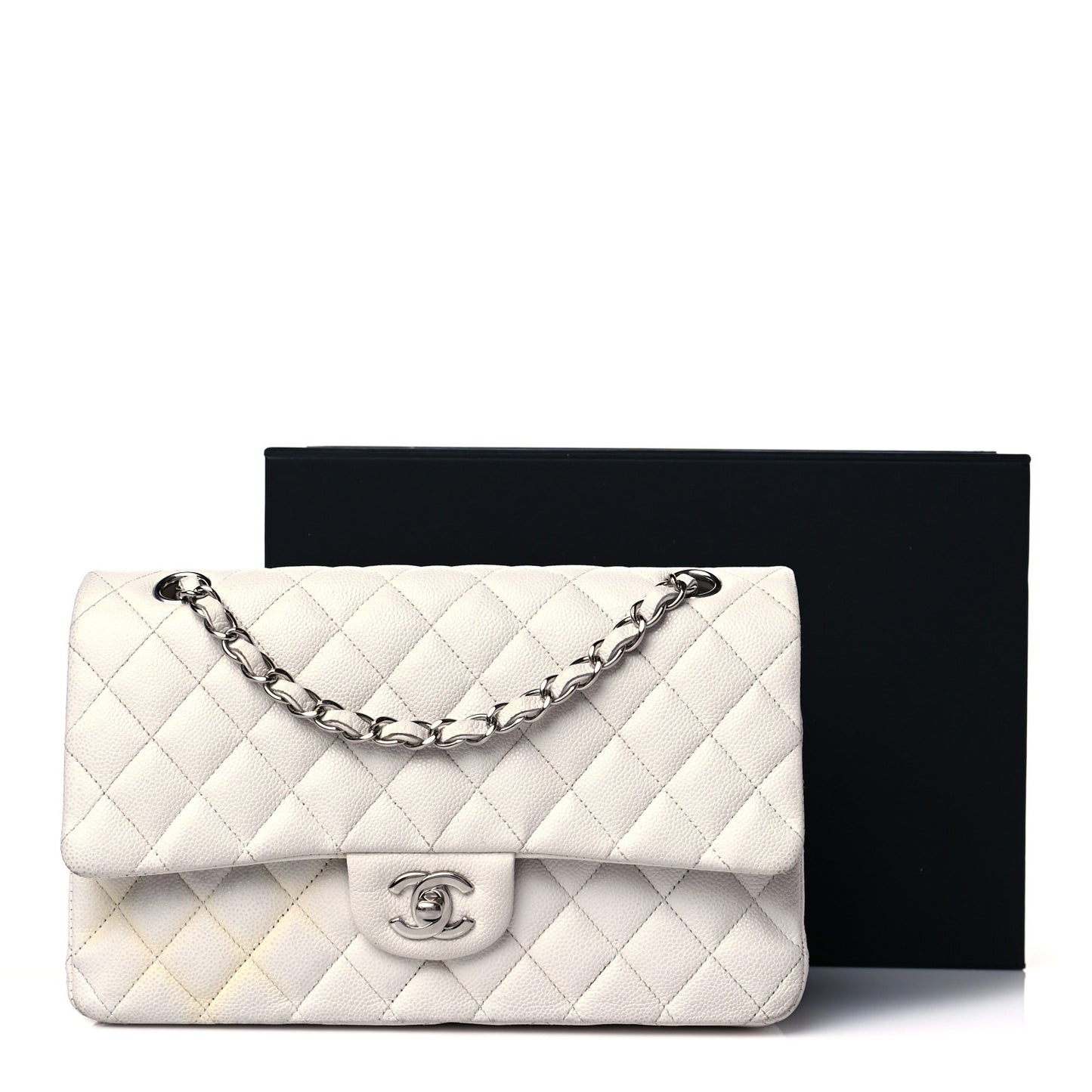 Caviar Quilted Medium Double Flap White
