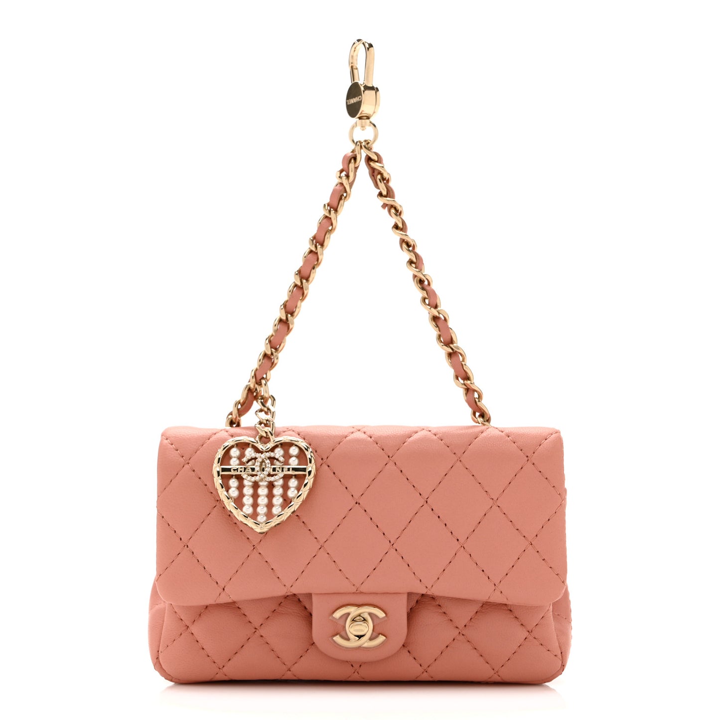 Lambskin Quilted Mini Flap Bag Charm With Hook Coral