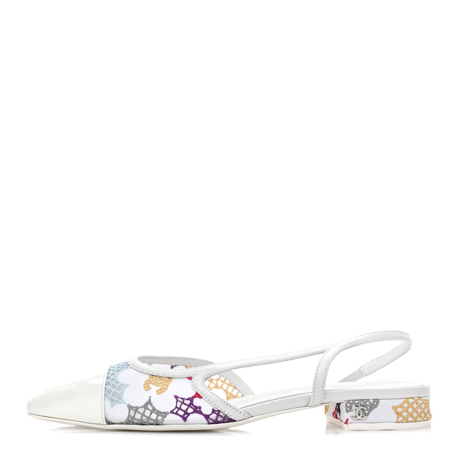 Chanel Cotton Guipure Patent Embroidered Floral Cap Toe CC Slingback Flats 39 White Multicolor 1 of 9