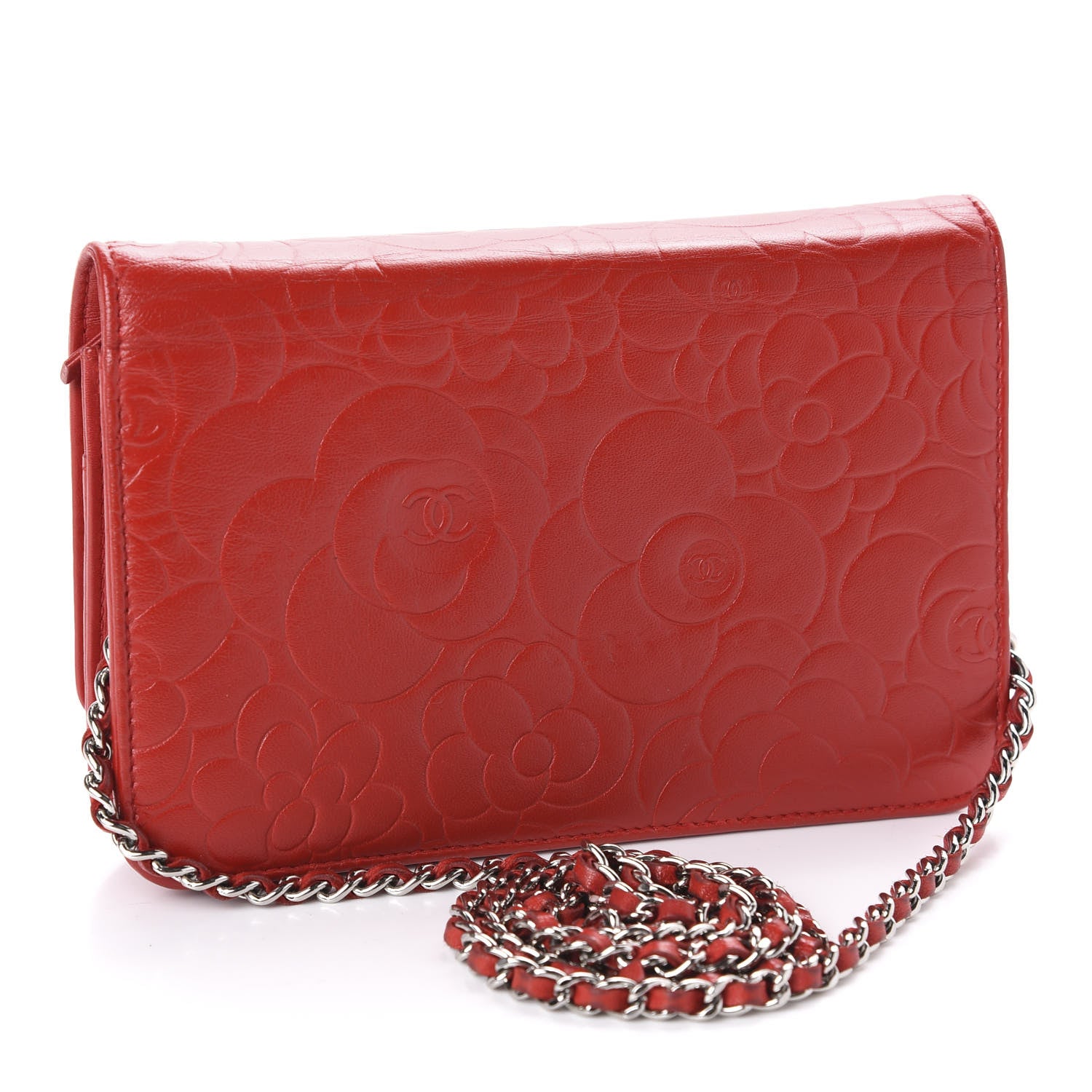 Chanel Lambskin Camellia Embossed Wallet On Chain WOC Red 3 of 14