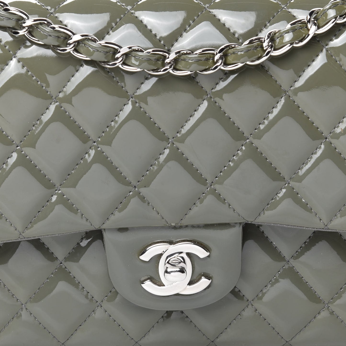 Patent Calfskin Quilted Medium Double Flap Grey