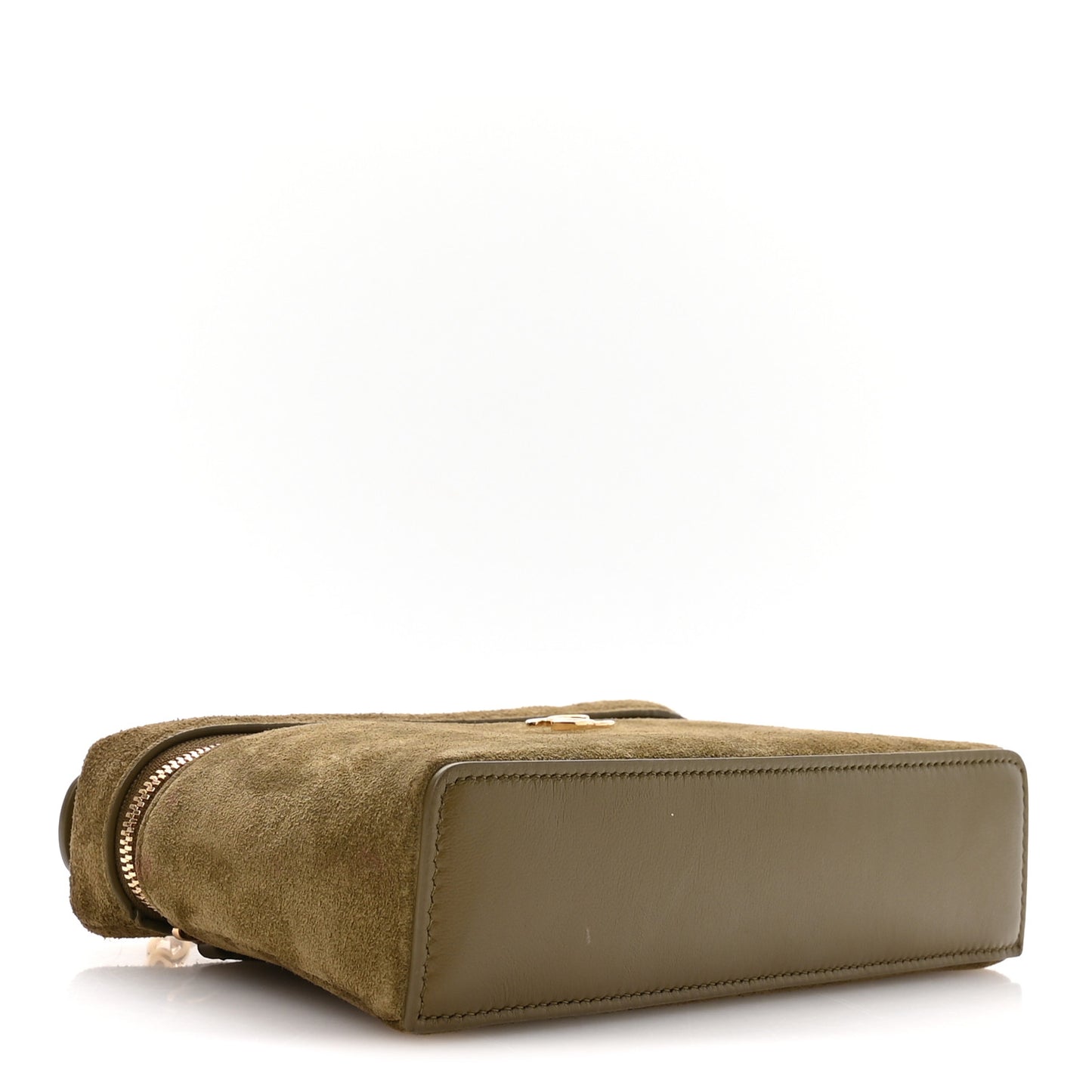 Suede Calfskin Top Handle Slim Vanity Case With Chain Dark Khaki