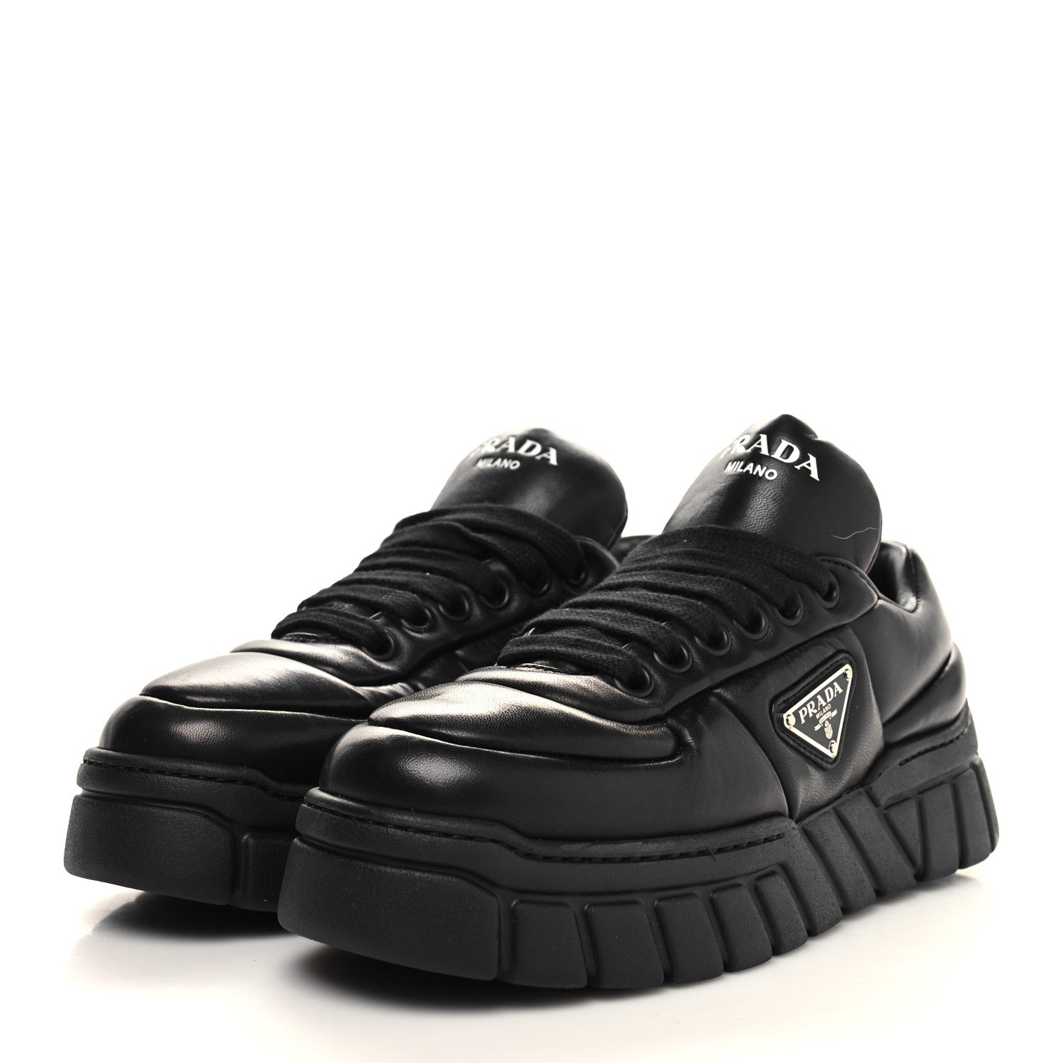 Prada Nappa Soft Metal Triangle Logo Womens Padded 30mm Sneakers 36.5 Black 3 of 9