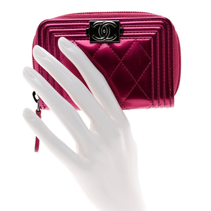 Chanel Metallic Patent Quilted Zip Around Boy Coin Purse Wallet Fuchsia 2 of 8
