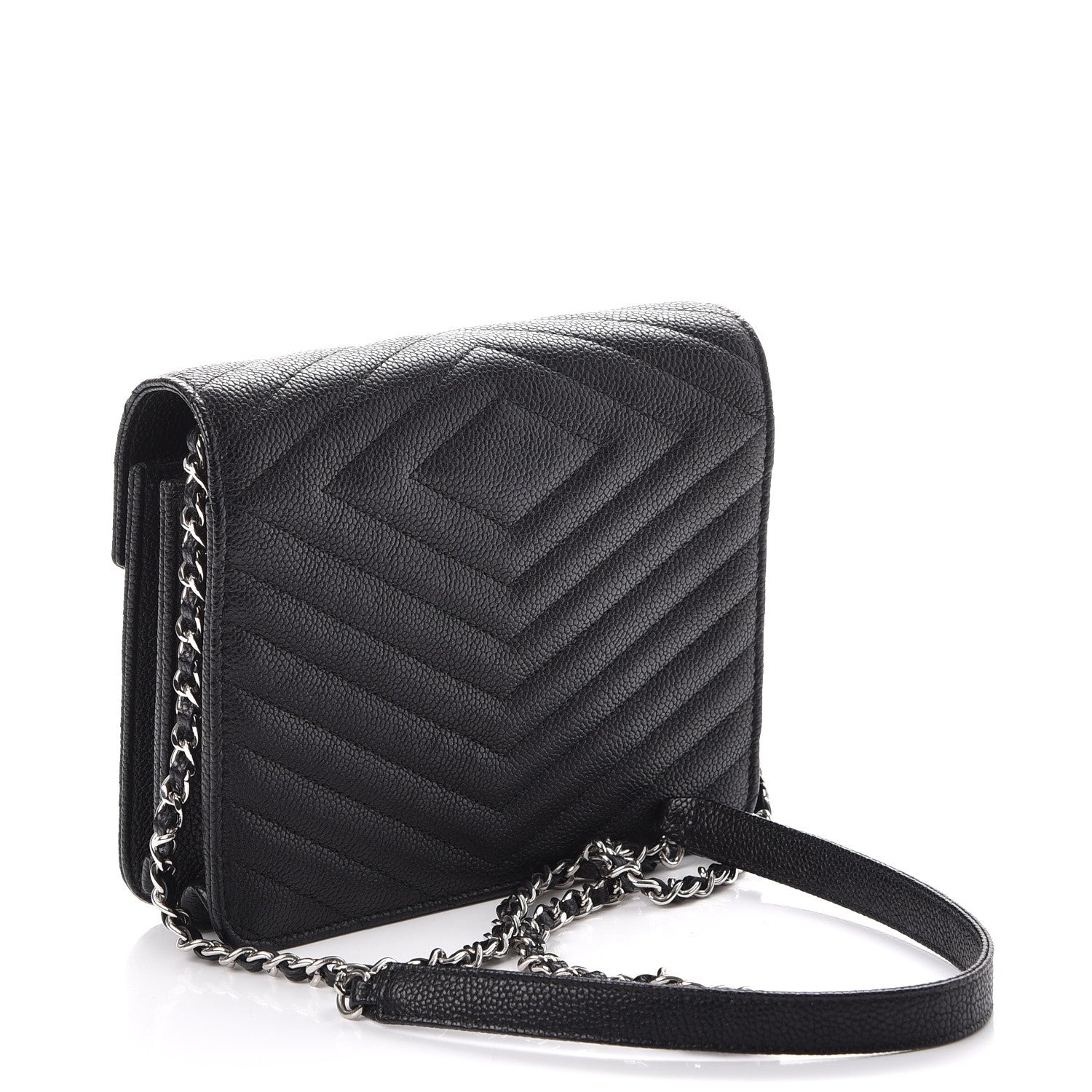 Chanel Caviar Chevron Quilted Square Wallet On Chain WOC Black 3 of 9
