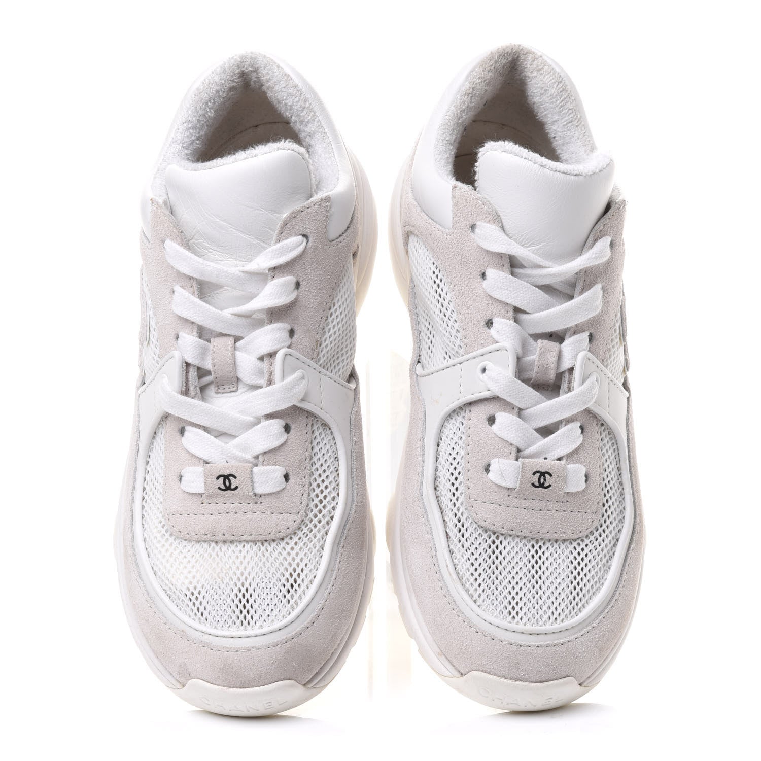 Chanel Suede Calfskin Fabric CC Sneakers 36.5 White Grey 5 of 12