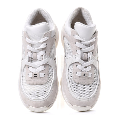 Chanel Suede Calfskin Fabric CC Sneakers 36.5 White Grey 5 of 12