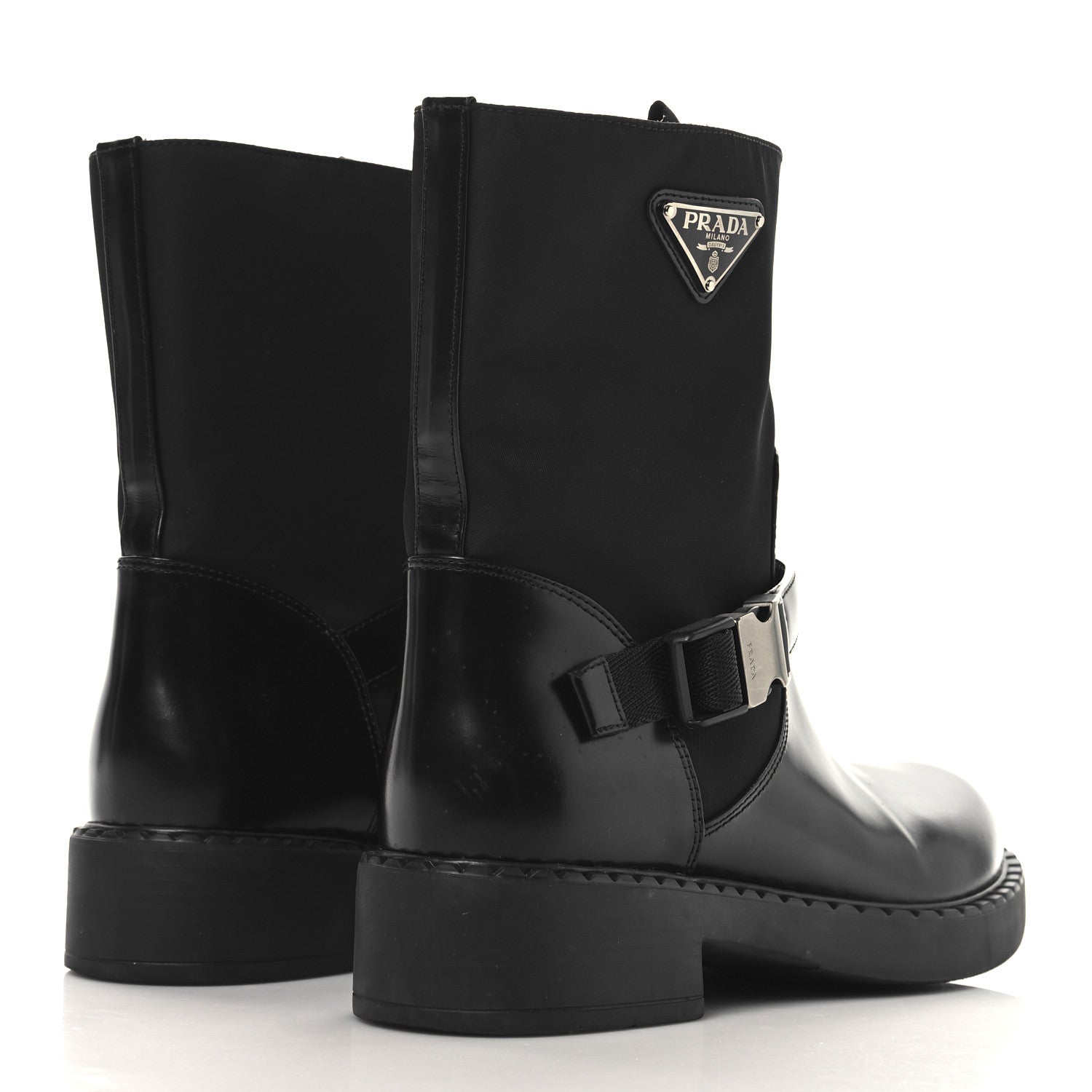 Prada Spazzolato Re-Nylon Metal Triangle Logo Buckled 50mm Biker Boots 40.5 Black 5 of 11