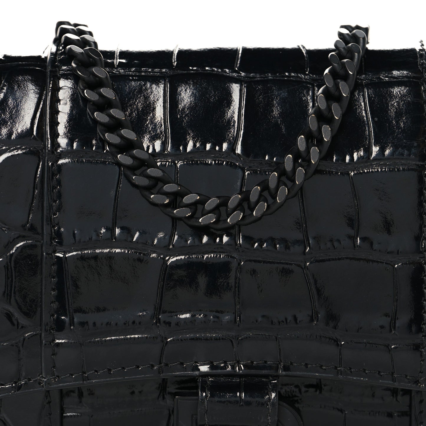 Shiny Calfskin Monochrome Crocodile Embossed Hourglass Chain Bag Black
