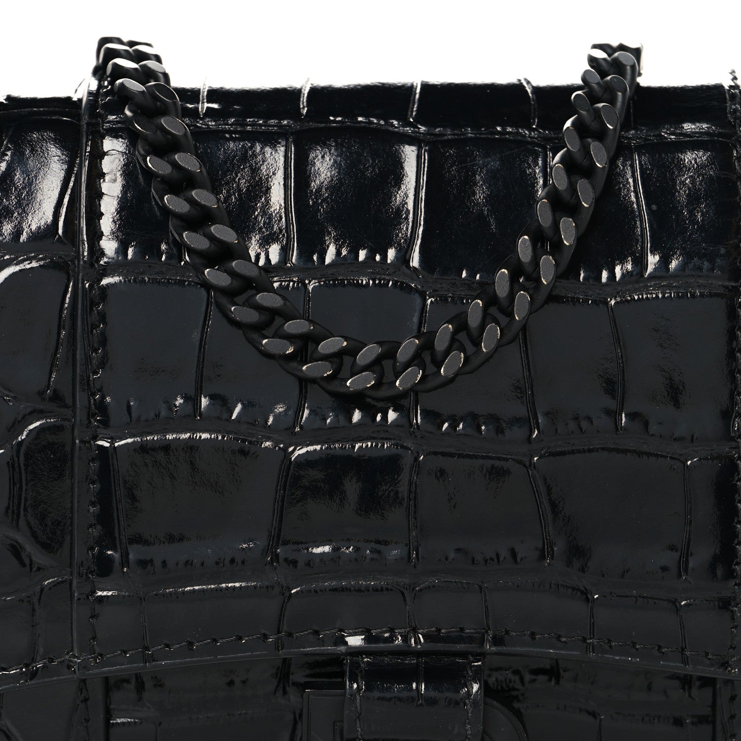 Balenciaga Shiny Calfskin Monochrome Crocodile Embossed Hourglass Chain Bag Black 7 of 10