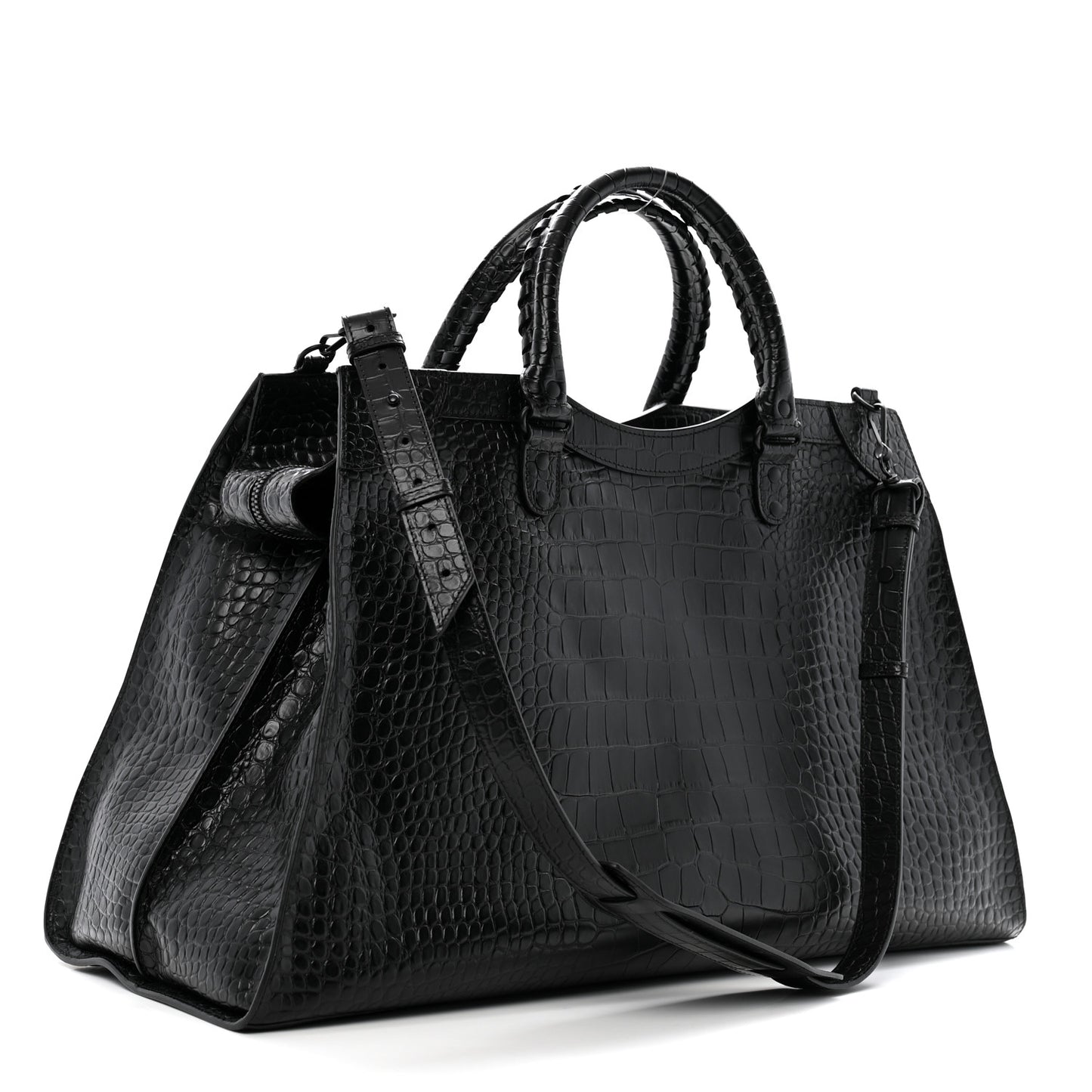 Semi Matte Calfskin Crocodile Embossed Neo Classic Black Hardware Large City Black