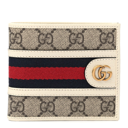 Gucci GG Supreme Monogram Textured Calfskin Web Mens Ophidia Bi-Fold Coin Wallet Beige Ebony Mystic White 1 of 9