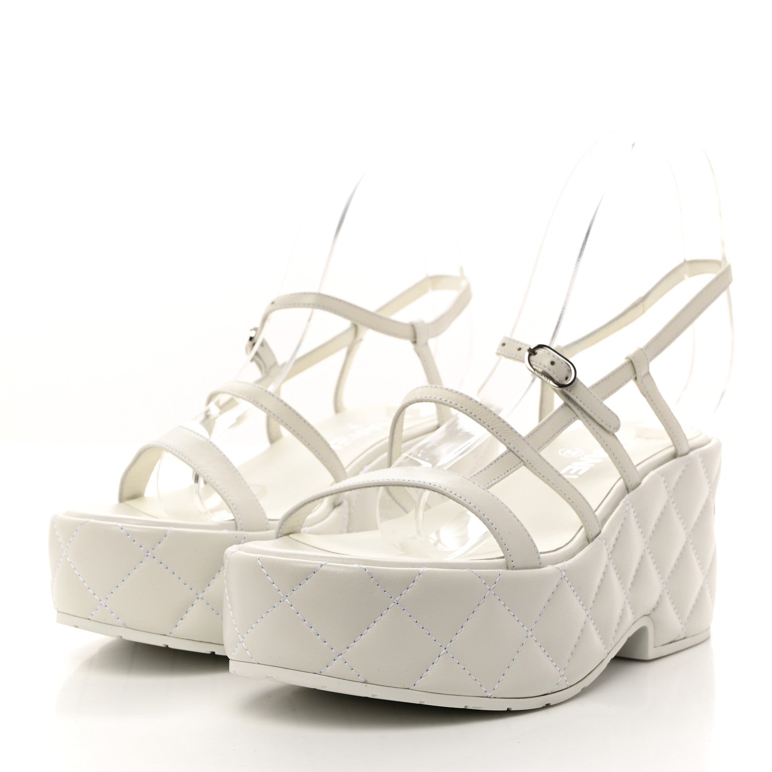 Chanel Calfskin Quilted Wedge Logo Sandals 37 White 3 of 8