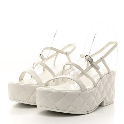 Chanel Calfskin Quilted Wedge Logo Sandals 37 White 3 of 8