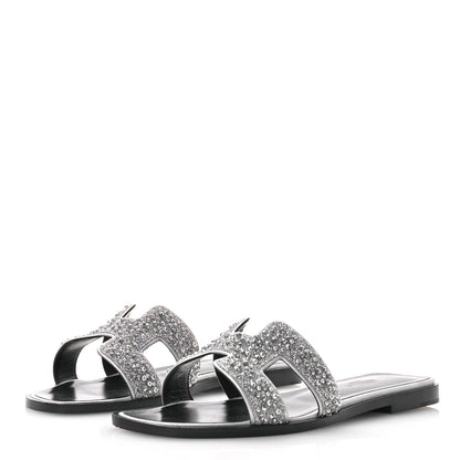 Hermes Velvet Goatskin Crystal Beads Oran Sandals 37 Gris Argente 4 of 10
