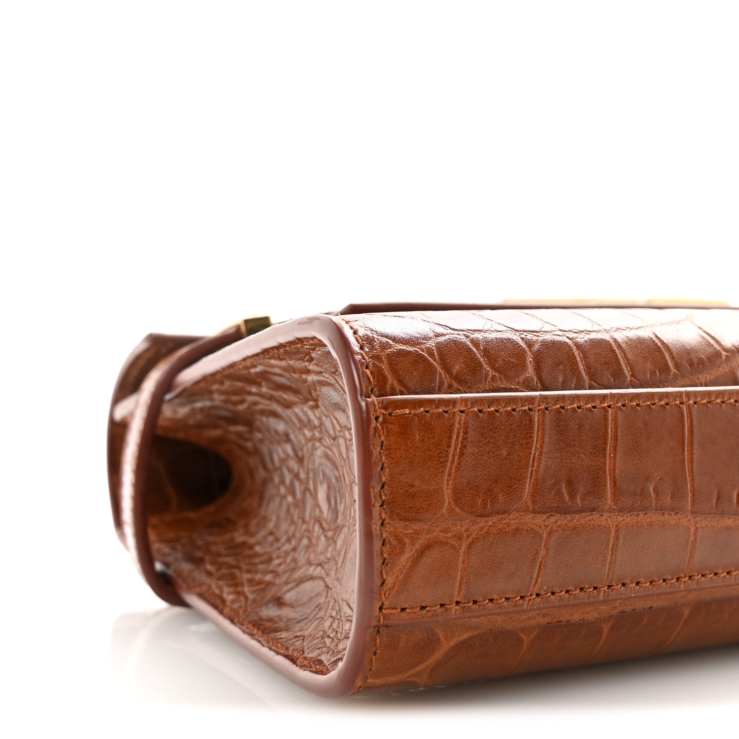 Saint Laurent Shiny Calfskin Crocodile Embossed Small Manhattan Baguette Dark Caramel 8 of 10