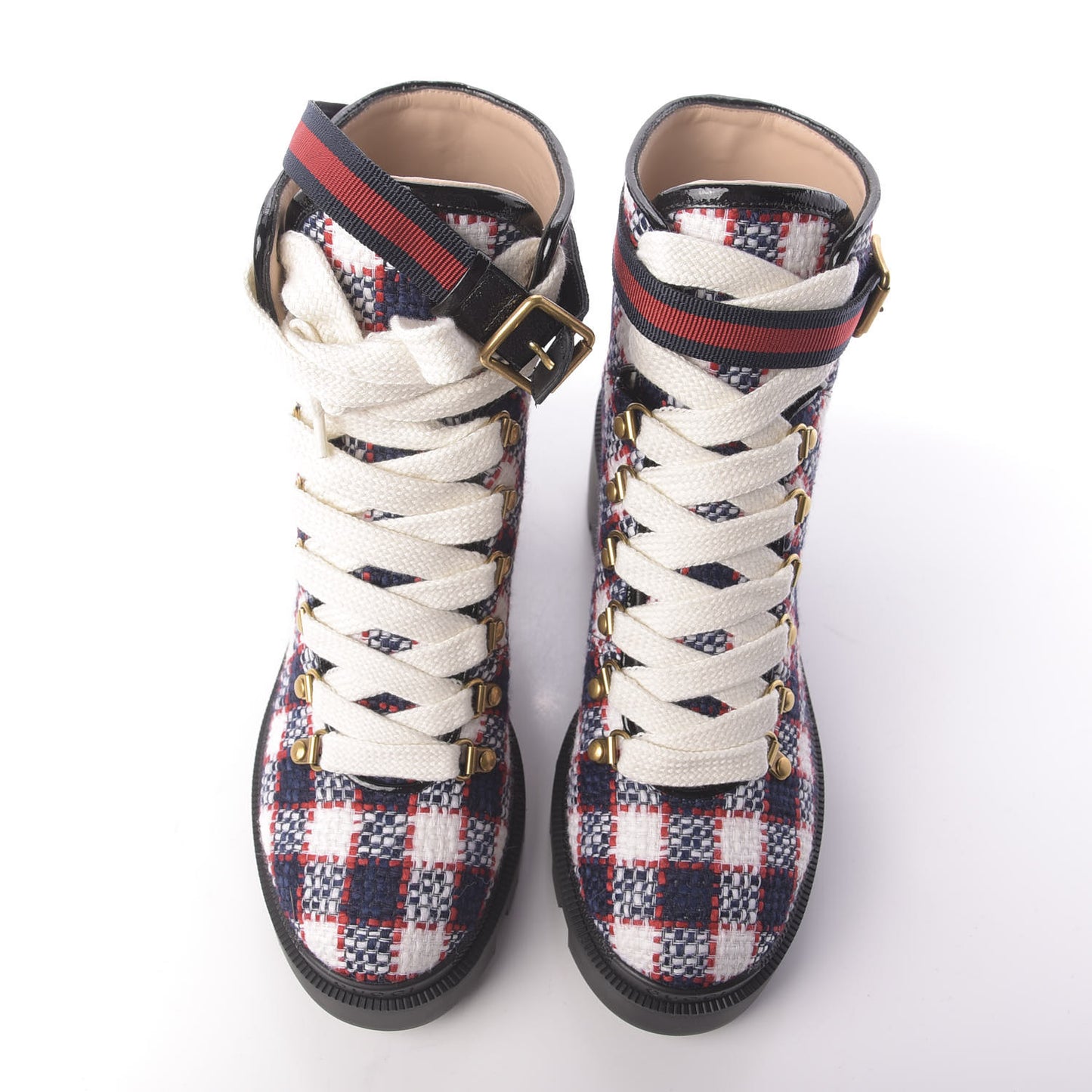 Vintage Tweed Check Lace Up Combat Ankle Boots 39 White Hibiscus Red Marine