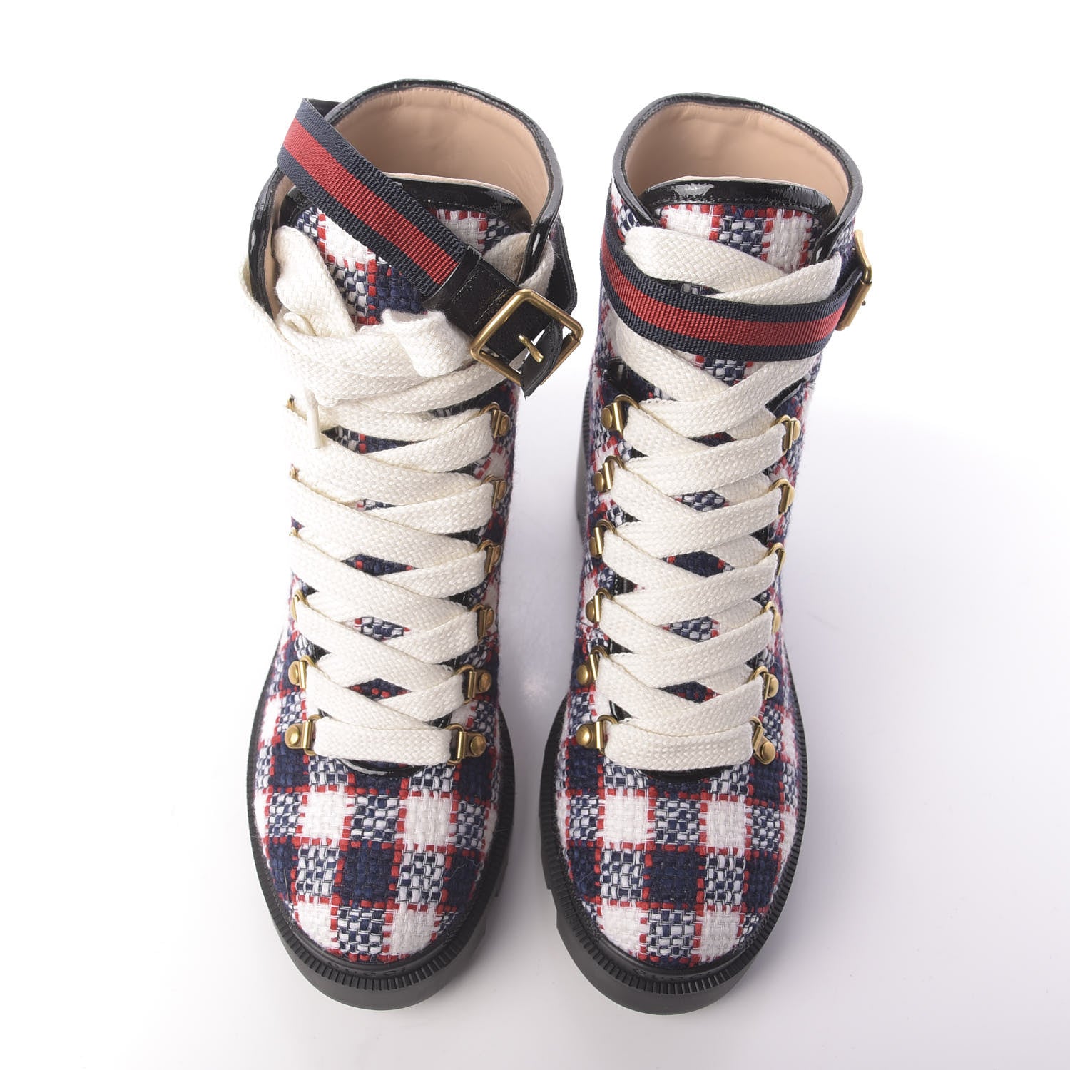 Gucci Vintage Tweed Check Lace Up Combat Ankle Boots 39 White Hibiscus Red Marine 5 of 12