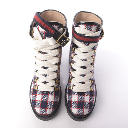 Gucci Vintage Tweed Check Lace Up Combat Ankle Boots 39 White Hibiscus Red Marine 5 of 12