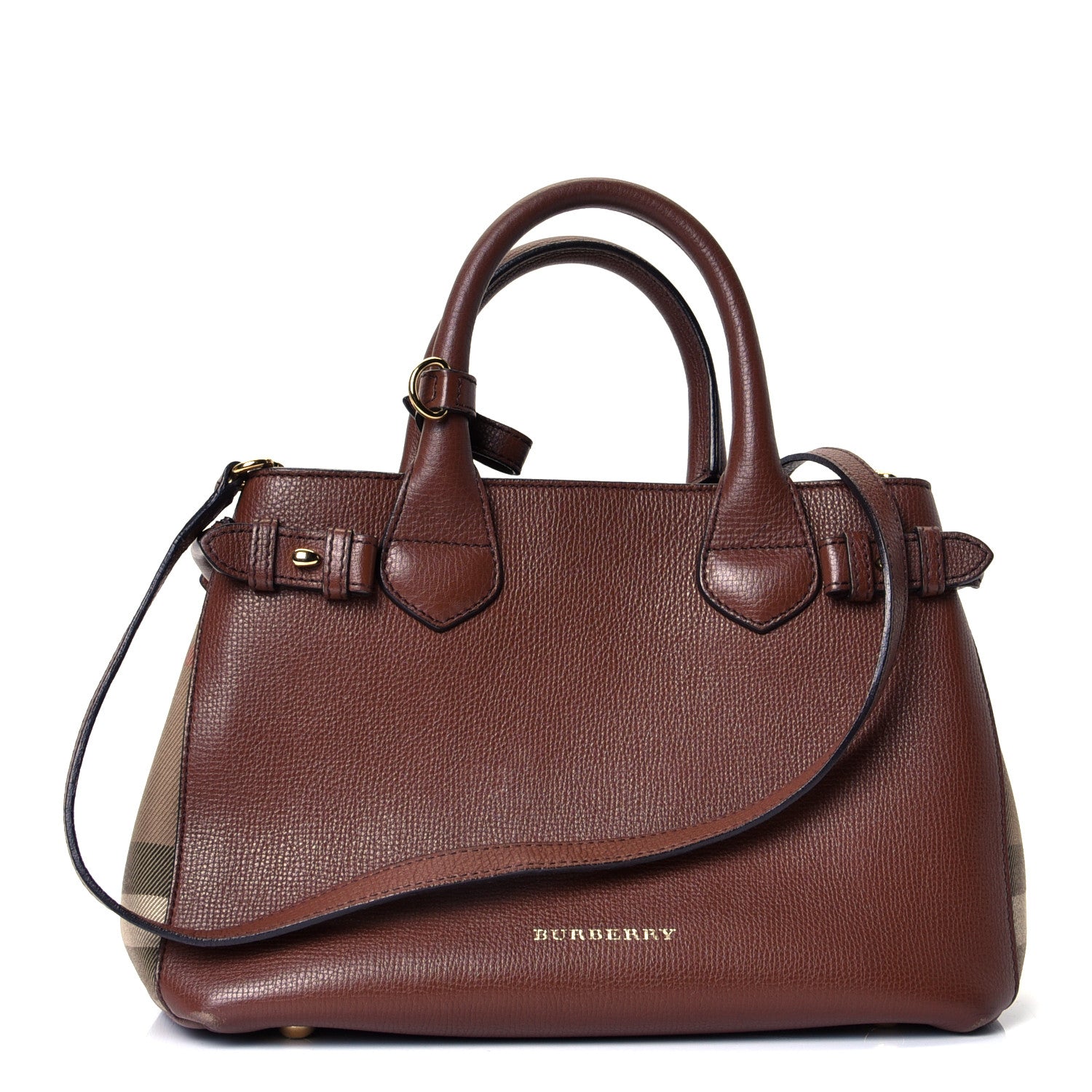 Burberry Derby Calfskin House Check Small Bi-Color Banner Tote Tan 1 of 5