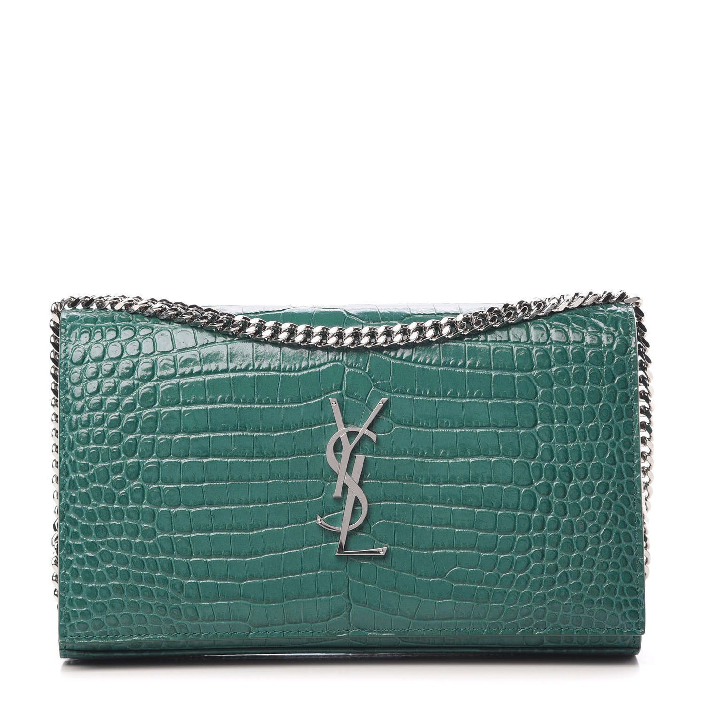 Calfskin Crocodile Embossed Monogram Chain Wallet Water Green
