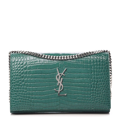 Saint Laurent Calfskin Crocodile Embossed Monogram Chain Wallet Water Green 1 of 11