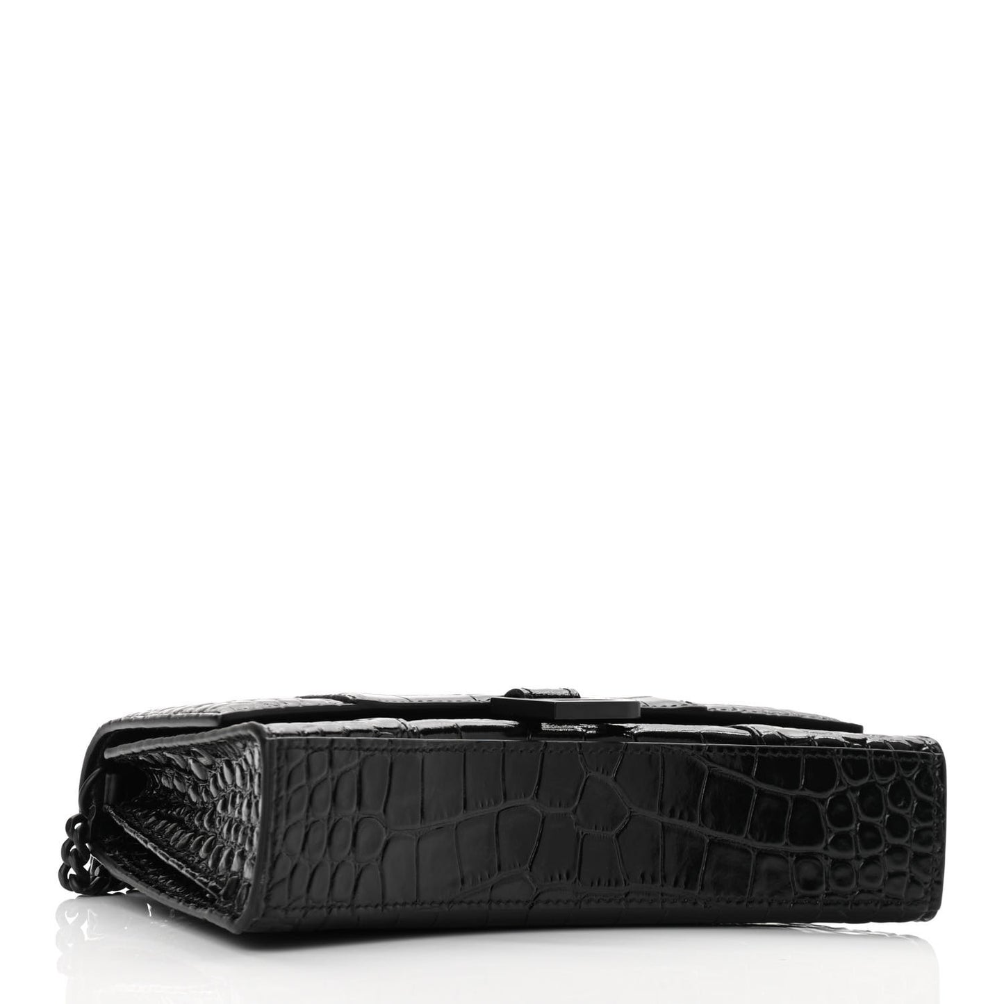 Shiny Calfskin Monochrome Crocodile Embossed Small Hourglass Evening Chain Bag Black