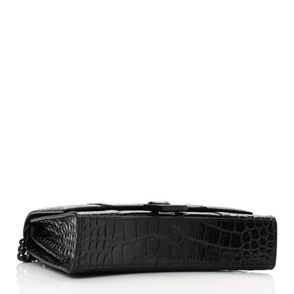 Balenciaga Shiny Calfskin Monochrome Crocodile Embossed Small Hourglass Evening Chain Bag Black 3 of 8