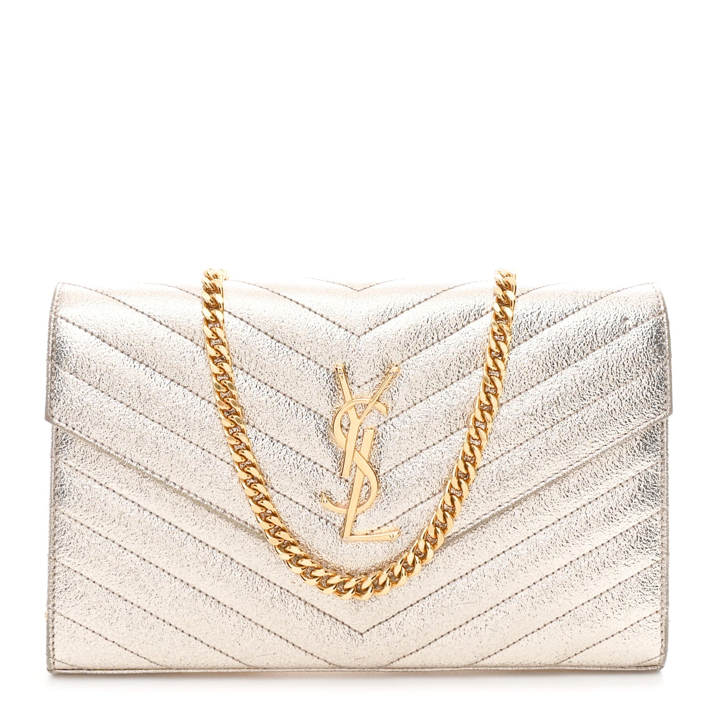 Metallic Crackled Calfskin Matelasse Chevron Monogram Chain Wallet Gold