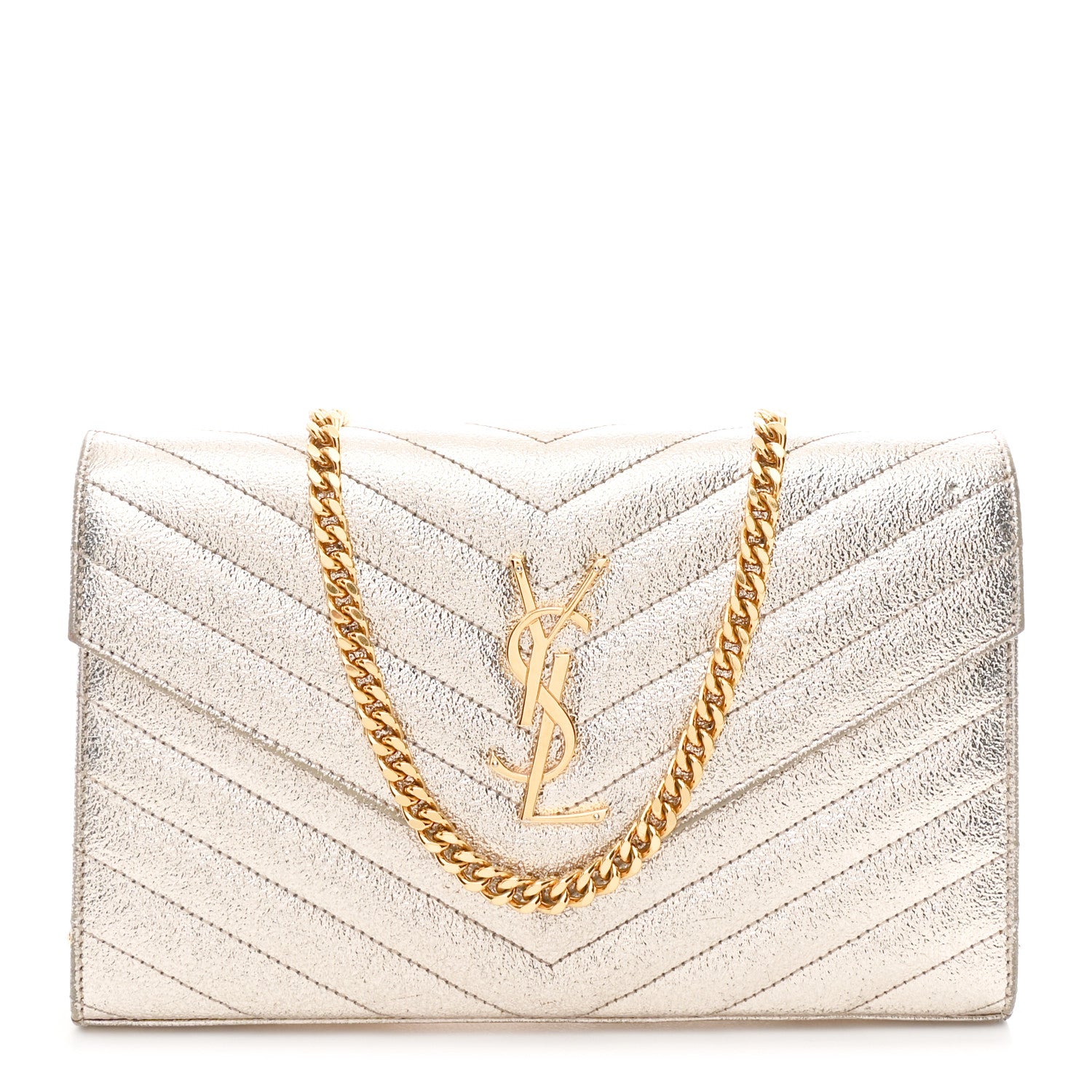 Saint Laurent Metallic Crackled Calfskin Matelasse Chevron Monogram Chain Wallet Gold 1 of 12