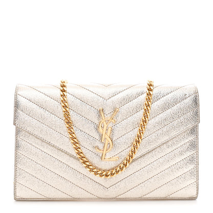 Saint Laurent Metallic Crackled Calfskin Matelasse Chevron Monogram Chain Wallet Gold 1 of 12