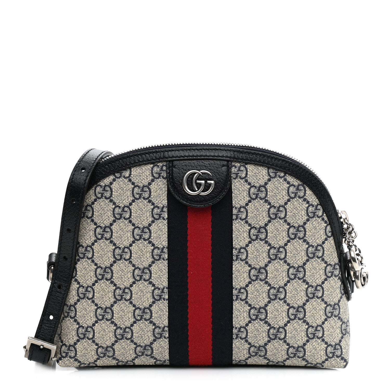 Gucci GG Supreme Monogram Textured Dollar Calfskin Web Small Ophidia Dome Shoulder Bag Beige Blue 1 of 10