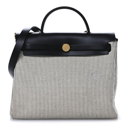 Hermes Vache Hunter Toile Quadrille Viking Herbag Zip Retourne 31 PM Ecru Black 4 of 24
