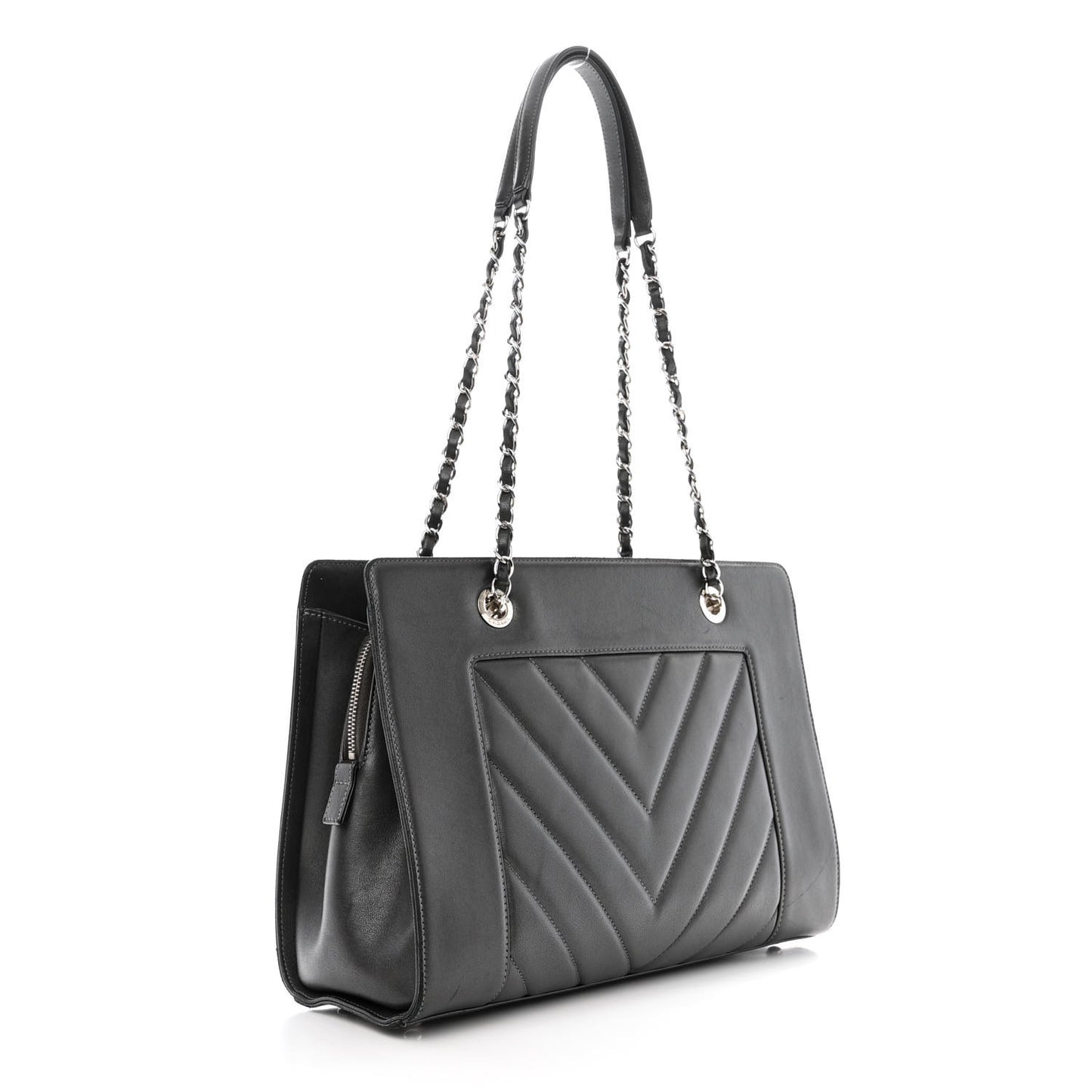 Sheepskin Chevron Quilted Mademoiselle Vintage Shopping Tote Dark Grey