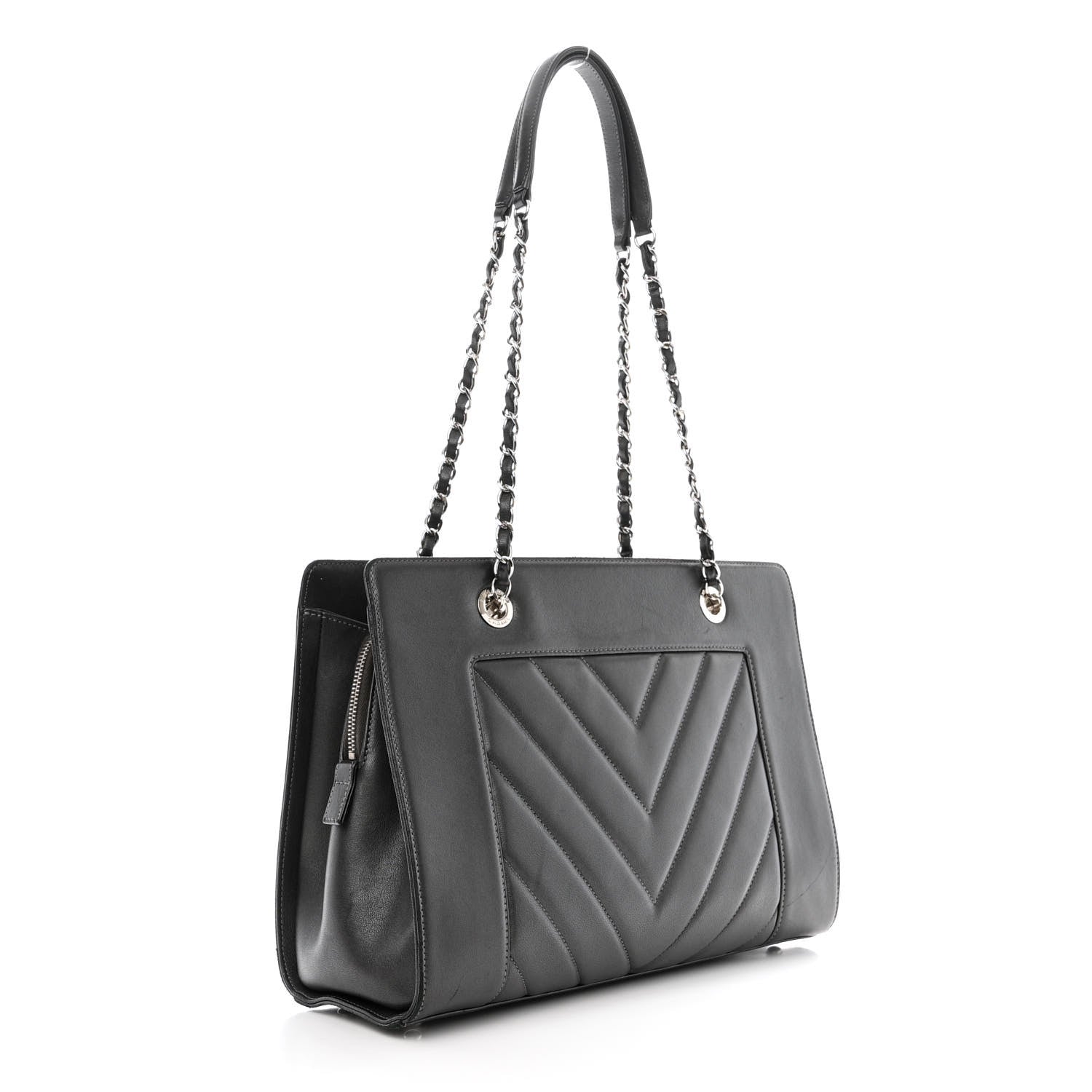 Chanel Sheepskin Chevron Quilted Mademoiselle Vintage Shopping Tote Dark Grey 3 of 12