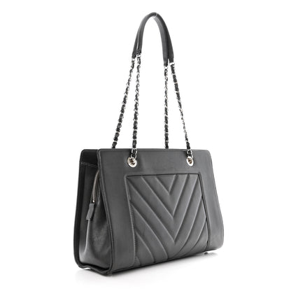 Chanel Sheepskin Chevron Quilted Mademoiselle Vintage Shopping Tote Dark Grey 3 of 12