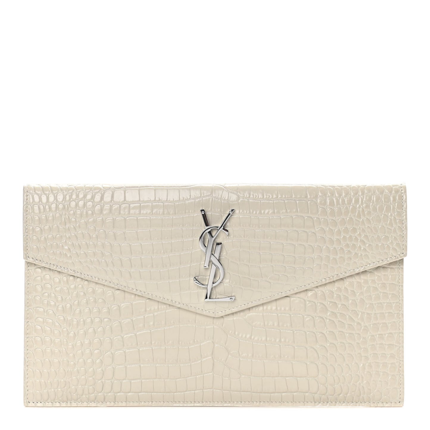 Calfskin Crocodile Embossed Uptown Monogram Pouch Crema Soft