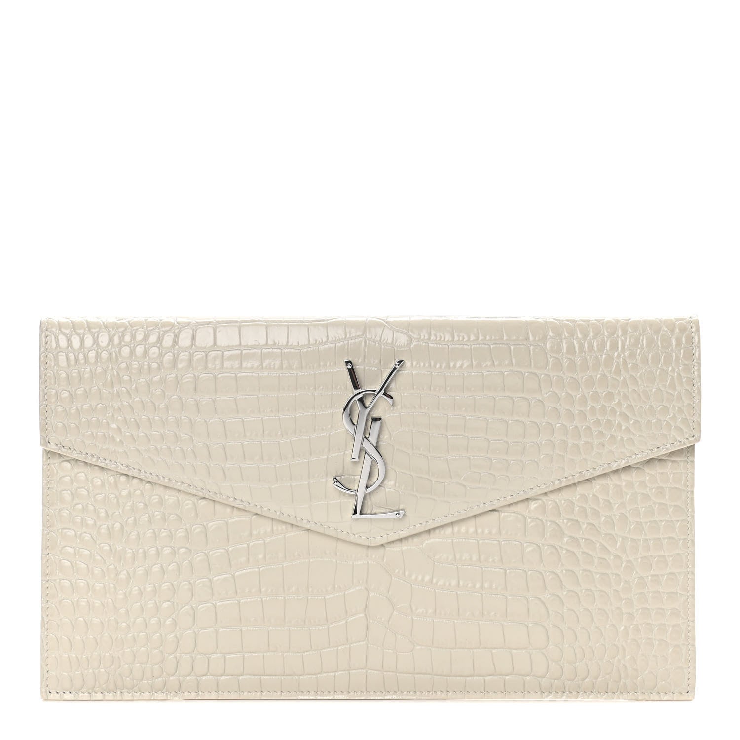 Saint Laurent Calfskin Crocodile Embossed Uptown Monogram Pouch Crema Soft 1 of 9