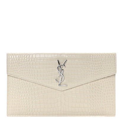 Saint Laurent Calfskin Crocodile Embossed Uptown Monogram Pouch Crema Soft 1 of 9