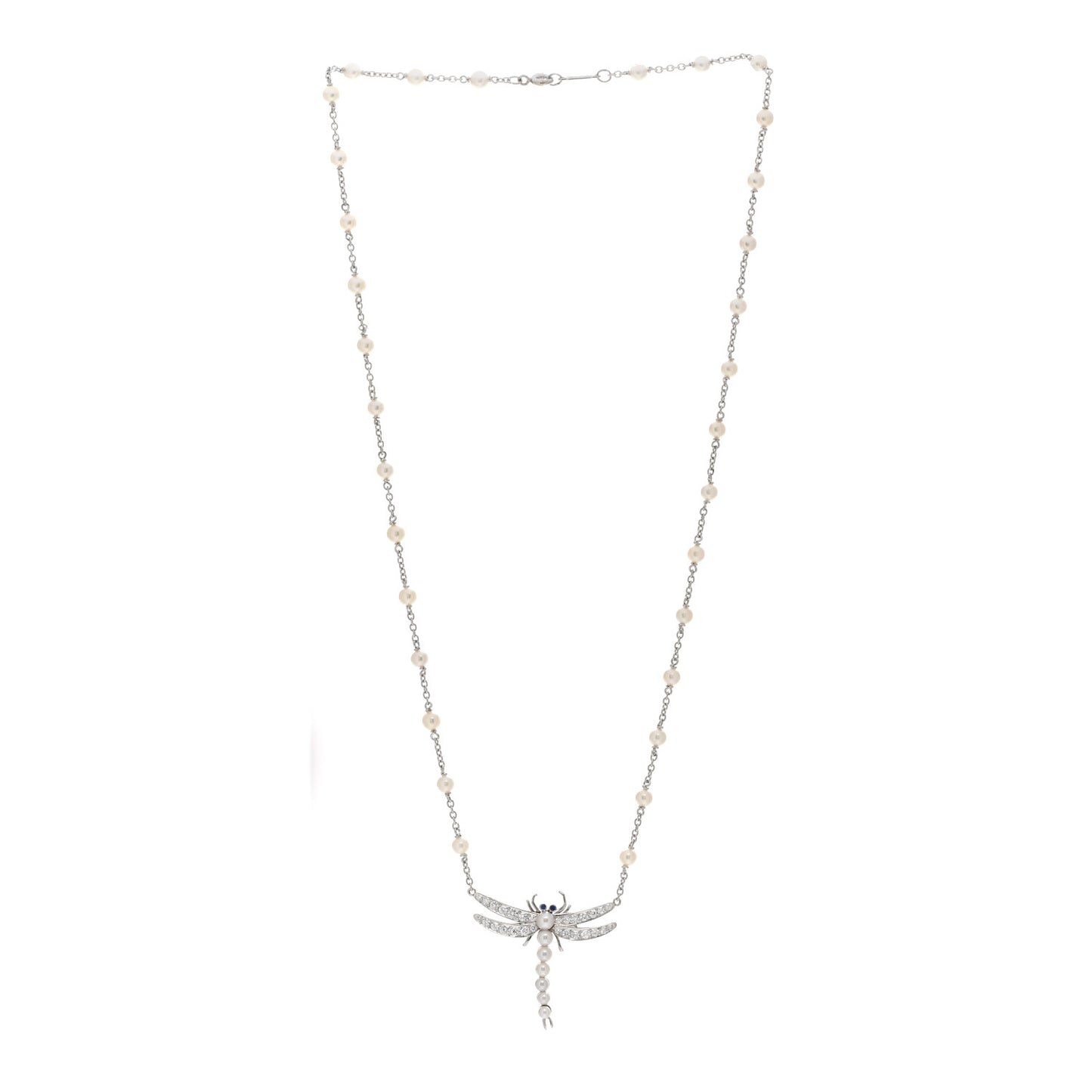 Platinum Diamond Blue Sapphire Pearl Nature Dragonfly Station Necklace