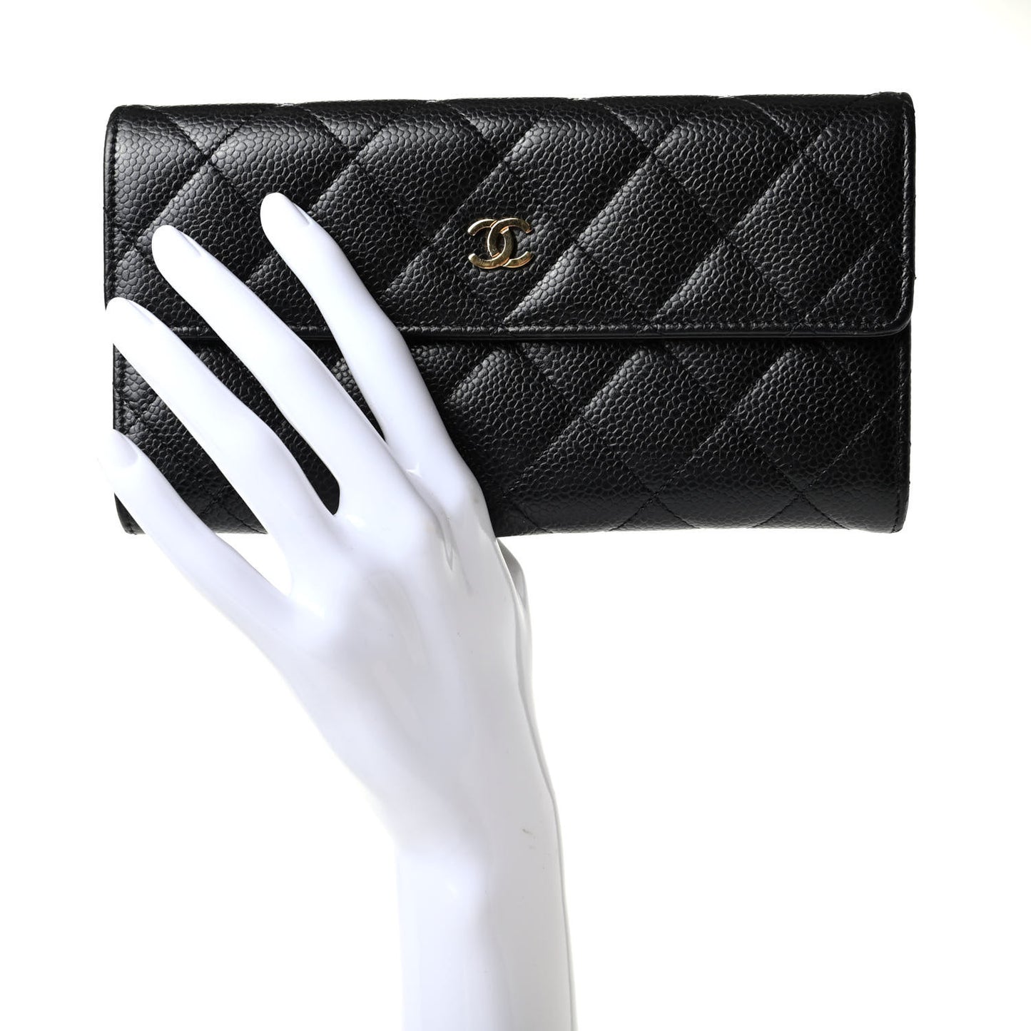 Caviar Quilted Large Gusset Flap Wallet Black